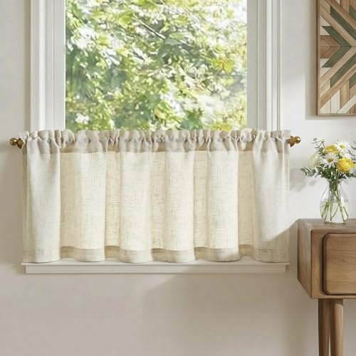 TOPICK Scheibengardinen Bistrogardine Küchengardinen 1 Stück H40xB140 Beige | Blickdicht Scheibengardinen modern Leinenoptik Lichtdurchlässig Gardine für Küchenfenster kurz Vorhänge Küche Landhausstil