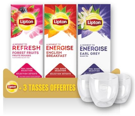 Lipton Feel Good Selection- 3 saveurs + 3 tasses OFFERTES- Thé noir - Earl Grey, English Breakfast, Fruits rouges
