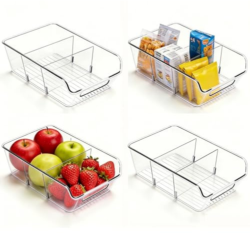 AIYULONG Contenitori per dispensa, contenitori in plastica trasparente con 2 divisori per cucina, frigorifero e organizzazione, contenitori in acrilico per pozze, sacchetti di spezie, snack (4 pezzi)
