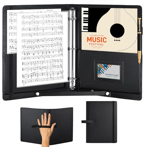 WIYETY A4 Schwarz Kunstleder Notenmappe: Chormappe für Musiknoten mit Handgurt und Innentasche, Registermappen Music Sheet Chormappe für Notenblätter Instrumentalist Musiker
