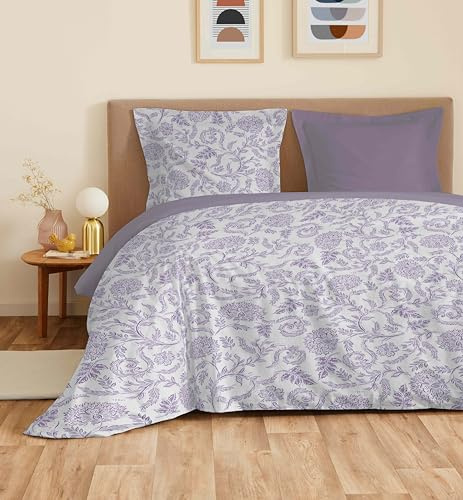 COTON PUR Parure de draps 4 pièces Vanessa pour lit 160 x 200 cm Grande Largeur (Salma Lavande)