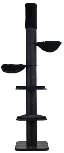 Dehner Lieblinge Kratzbaum Isis, höhenverstellbar 240–260 cm – Deckenspanner-Kratzbaum, 4 Ebenen, Sisal/Plüsch/Holz, schwarz