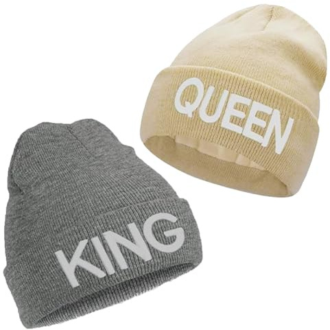 ZYEKIU 2 Stück Warm Beanie, King & Queen Strickmütze, Strickmütze Unisex Dickes, Paar Atmungsaktive Hip-Hop Mütze, Winter Beanie Mütze Herren Damen, Weihnachten Partner Pärchen