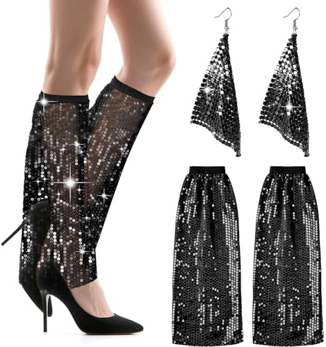 Abba Kostüm Damen 2pcs, Shiny 70er Disco Stulpen mit Pailletten Ohrringe Abba Glitter Pailletten Stulpen 70er Jahre Outfit Damen Set Disco Outfit für Teen Girls 80er Jahre Discos Themenparty