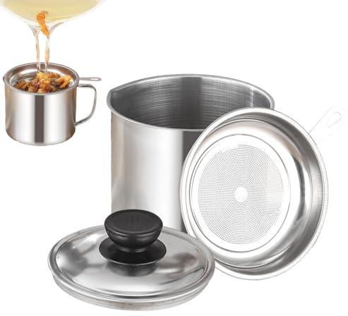 Oil Strainer Pot Grease Can, Stainless Steel Oil Filter Pot With Lid And Fine Mesh Strainer, Bacon Grease Container, Multi-Functional Oils Storage Can For Storing Frying Oils And Cooking Greases