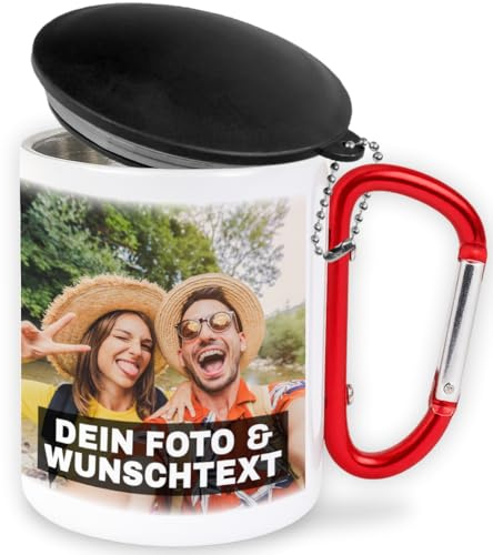 Personalisierter Edelstahl-Trinkbecher mit Karabinerhaken und Deckel | 330 ml | Becher | Camping | Vereine | Fasching | Karneval | Fasnetsbecher | personalisiert | Weiß mit rotem Henkel (Weiß)