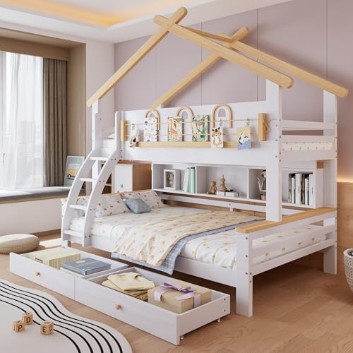 TOBIDOEN Etagenbett 90/120x200 cm für Kinder mit 2 Schubladen auf Rollen, Exquisite Dekorative Leitplanke und Dachdesign, Vierstöckige Schrägleiter, Lattenrost, Weiß+Natur - Stil C