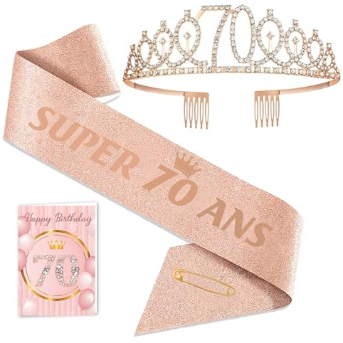 Toctax Couronne et Écharpe Anniversaire avec Carte - Pour 18, 30, 40, 50, 60, 70 Ans - Cadeau et Décoration pour Femme - Accessoire Fête d'Anniversaire