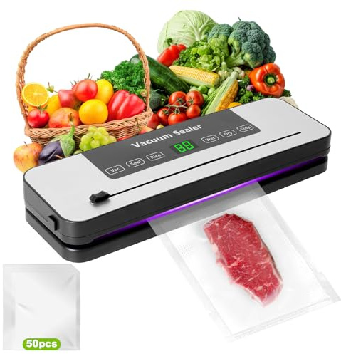 Vakuumiergerät, 7 in 1 Vakuumierer für Lebensmittel mit 50 Vakuumierbeutel, Vakuumiergerät Profi mit Cutter, Ideal für Trockene & Feuchte Lebensmittel, Küche Lebensmittelkonservierung