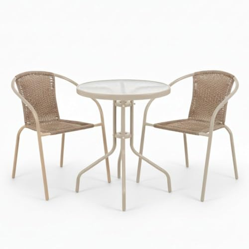 MONTY Conjunto Jardín Exterior Mesa y 2 Sillas | Mesa Cristal Templado Ø60cm| 2 Sillones Ratan Beige, apilables | Pintura Epoxi Anticorrosión, Resistente y Duradero | Balcón, Terraza | Trivia