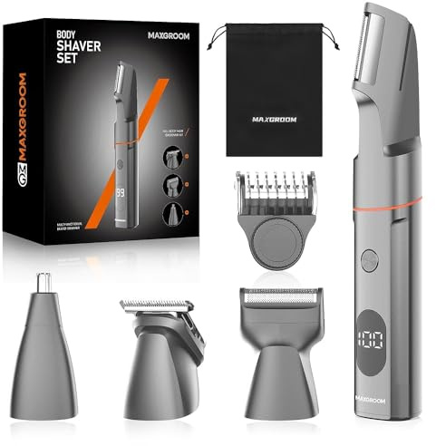 MAXGROOM 4 in 1 Rasoio Elettrico Corpo Uomo Kit, Rasoio Parti Intime Uomo IPX6 Uso Umido e Secco, Depilatore Corpo Ricarica di USB C (Grigio, M)