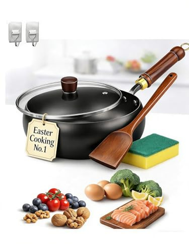 Japanese Cast Iron Wok with Wooden Lid & Spatula, Cast Iron Wok, For Electric Stove, Japanese Casts Irons Cookware, 11 Inch Hand-Hammered Uncoated, Naturally Non-stick Frying Pan(Glass Lid,11in)