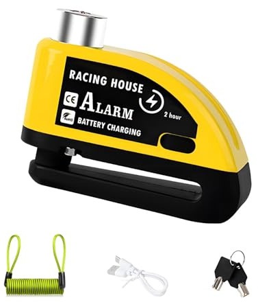 QUMOX Allarme Blocco Disco Freno Moto Antifurto Ricaricabile Impermeabile 110 dB Perno 7 mm Cavo promemoria 1,5 m per Moto, Bici, Scooter Custodia per il trasporto