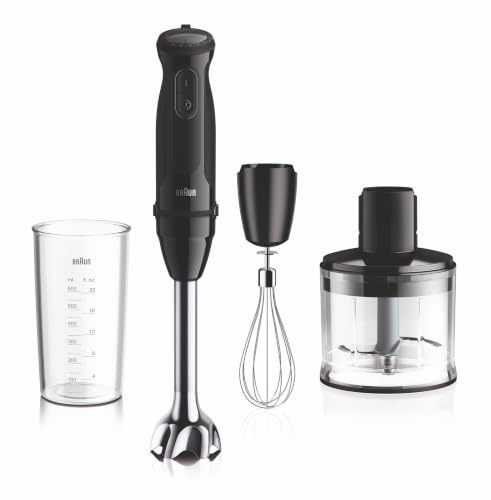 Braun MultiQuick 5 - Minipimer con 21 Velocità Variabili, 750W, Nero | Frullatore a Immersione, Asta in Acciaio Inox, Sistema EasyClick Plus, Frusta, Tritatutto 350ml, Bicchiere 600ml, MQ50246BK