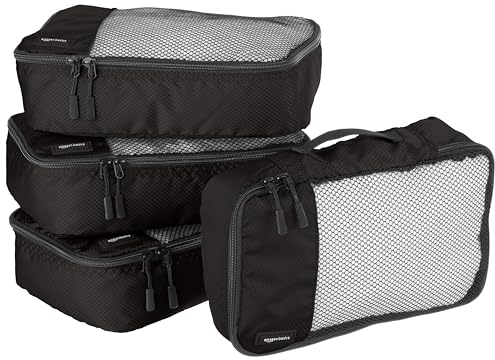 Amazon Basics Packwürfel Set für Koffer, Reise Organizer, Reißverschluss, 4Stück, Klein, Schwarz
