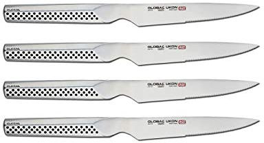 Global Ukon - Juego de cuchillos para carne de 4 piezas, acero inoxidable japonés ligero, borde afilado, soporte ambidiestro para el pulgar, fabricado en Japón, GUF-31/4