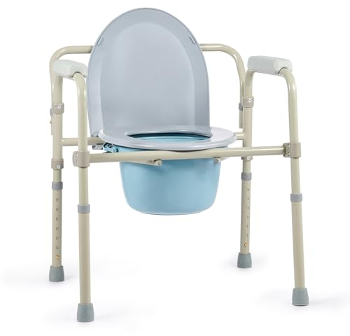 VONOYA Lightweight Foldable Bedside Commode w Removable Bed Pan, Portable Chair with Build-in Toilet for Disabled People The Elderly & Others up to 136kg, Adjustable Height Folding Stool