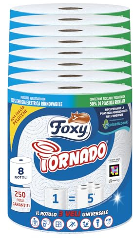 Foxy Tornado| Asciugatutto universale 8 pz, 250 strappi per rotolo a 3 veli | Carta 100% certificata FSC® | Confezione 100% riciclabile
