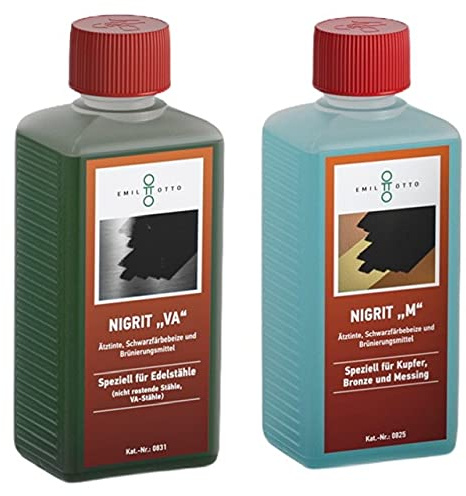 Brünier-Set: 250 g Schwarzfärbe-Schnellbeize NIGRITVA, zum Kaltbrünieren - Schwarzfärben für Edelstähle + 250 g NIGRITM, zum Kaltbrünieren - Schwarzfärben und Schutz von Kupfer, Bronze und Messing