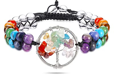 GEHECRST 7 Chakra Armband Doppelschicht geflochten Armreif mit Lebensbaum Ornament Naturstein Schmuck Armband Reiki Yoga Meditation Stretch Armband für Damen Herren
