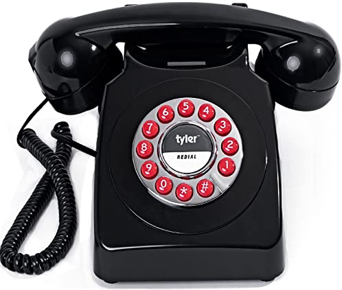 Tyler Retro Style Landline Phone, Push Button Rotary Look, Large Button Vintage Corded Phone, Power Outage Safe, Redial Button, Old Classic Retro Phone (Black)