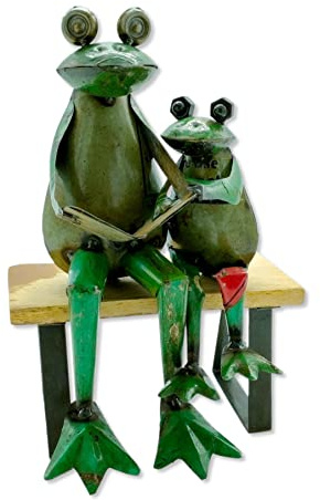 Metall Dekofigur Frösche auf Holz-Bank 21 x 31cm grün braun schwarz Garten-Figur Deko Frosch Skulptur Tierfigur