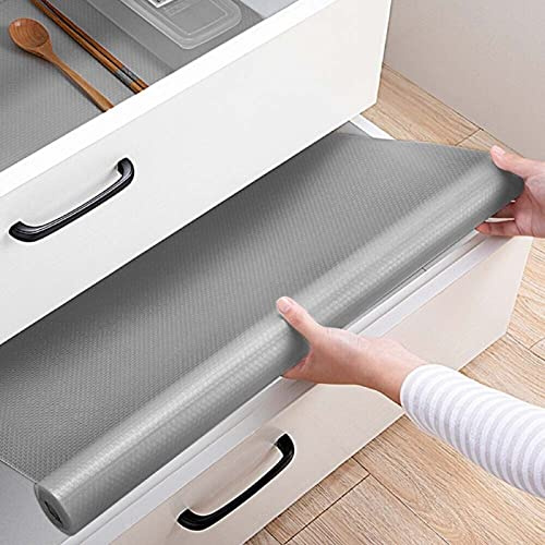 XJYMCOM Drawer Liners 45x500cm EVA Kitchen Shelf Liner Antibacterial Non-Slip Sink Mat Waterproof Washable Refrigerator Mat for Home Office Cupboards Wardrobe (Grey)