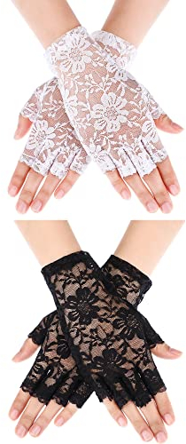 Geyoga 2 Paar Fingerlose Spitzenhandschuhe für Frauen Schwarz Weiß Spitze Halbfinger Handschuhe für Mädchen Damen Teeparty Braut Hochzeit Opern Kostüm Zubehör