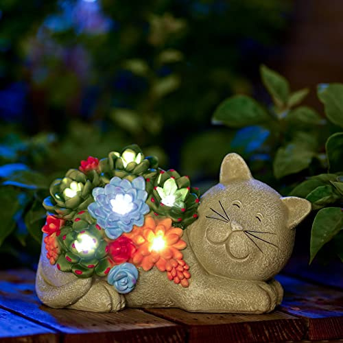 Yeomoo Solar Katzenfigur Deko mit Sukkulente Gartendeko für Draußen Grau | Niedliche Katzen Gartenfigur mit Solarlampen - Geschenk für Katzenliebhaber Frauen Garten Balkon Zimmer Dekoration 23CM