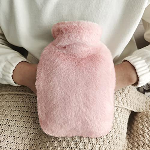 Wärmflasche mit Flauschige Bezug - Kuschelweichem Wärmeflasche mit Handwärmer, Bettflasche für Frauen Männer Kinder Warmflasche mit Bezug Zur Schmerzlinderung,Rosa,1L