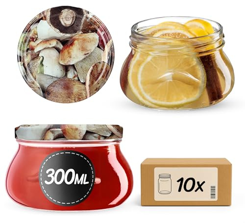 KADAX Lot de 10 pots à confiture 300 ml avec couvercle à visser Ø82 mm, Mini pots pour miel et épices, bocaux à confiture avec couvercle, pots étanches à offrir
