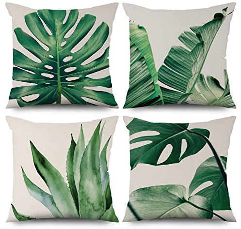 ASDCXZ Grün Kissenbezug 40x40 cm 4er Set, Minimalismus Frühling Grün Blätter Sofa Dekokissen Kissenbezüge Kissenhülle Waschbar Polyester Flachs Textil Outdoor Polster Kopfkissenbezug Kissen Bezug