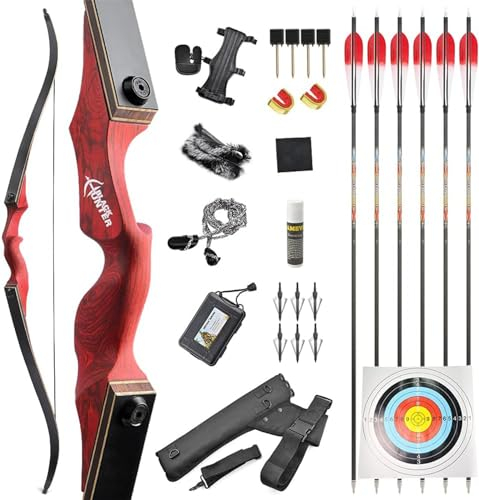 HNZMDY 60 Zoll Takedown Recurve Bogen und Pfeil Set 20-60LBS Wettbewerb Langbogen Jagdbogen Erwachsene Teens Bogen Rechts/Links Hand Bogenschießen Schießen Ziel Praxis (30lbs, Rot/Linke Hand)