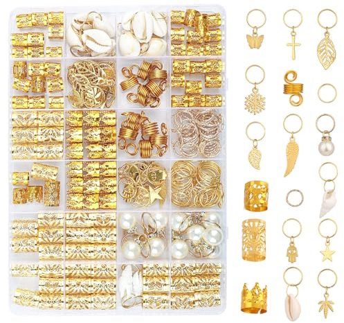 WLLHYF 230 Pcs Hair Jewelry for Braids Loc Hair Dreadlock Metal Hairs Coils Rings Cuffs Clips Gold Hairs Charms Pendants Christmas Styling Accessories Decorations for Women Girls
