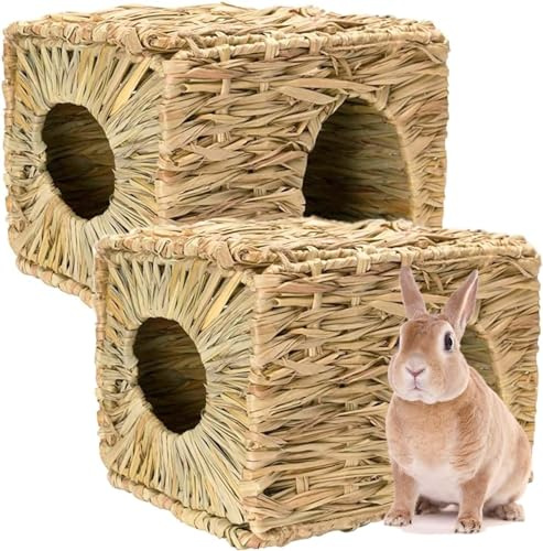 Par de hierba plegable tejida animal choza conejito casa juego escondite cama heno alfombra para conejos, cobayas, jerbos, hámster y animales pequeños