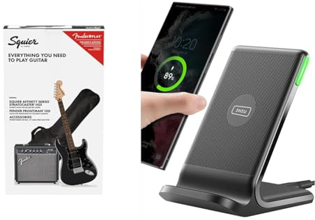 Squier (by Fender) Affinity Stratocaster HSS Electric Guitar Pack in Charcoal Frost Metallic. & INIU Wireless Charger, 15W Fast Wireless Charging Stand Qi Certified Sleep-friendly Adaptive Light