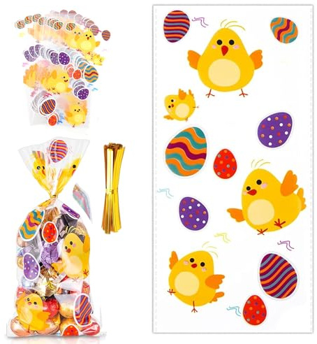 100 Stück Ostern Cellophantüten, Ostern Plätzchentüten, Ostertüten mit Twist Krawatten, mit 100er Twist Krawatten, zur Aufbewahrung von Süßigkeiten/Keksen/Schokolade/Keksen Geschenktütchen (xiaoji)