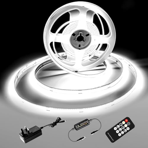 luktix COB LED Strip 2m Cool White, 6000K, 24V, 8mm Width, CRI 92 | Dimmable LED Strip Lights with Remote and Power Supply for Bedroom, Kitchen, TV, Mirror, Home Decoration, Dotless, Cuttable