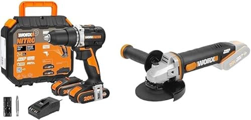 WORX - PACK ESSENTIEL BRICO - Perceuse Visseuse Brushless sans Fil - ⌀13mm 60Nm + Meuleuse sans Fil 20V - ⌀ 125 mm - WX102 & WX803.9 (Livrée avec 2 Batteries et Chargeur)