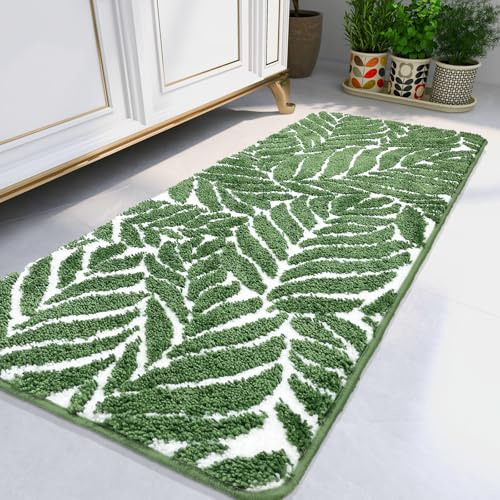 homantic dunkelgrüner Badezimmerläufer mit Blattmotiv, 60 x 150 cm | Rutschfester wasserabsorbierender Teppich, grüne Dekoration für Badewanne, Dusche und Badezimmer