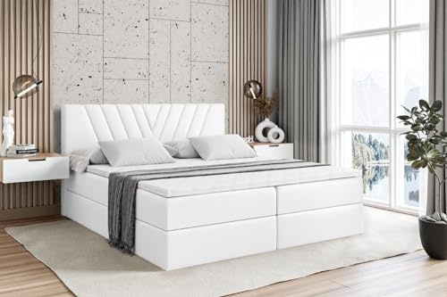 ALTDECOR Boxspringbett mit H3-Matratze ERNINA - 160x200 - Weiß | Lattenrost, Topper, Boxspringbett mit Bettkasten, Bett mit Stauraum, Doppelbett, Polsterbett
