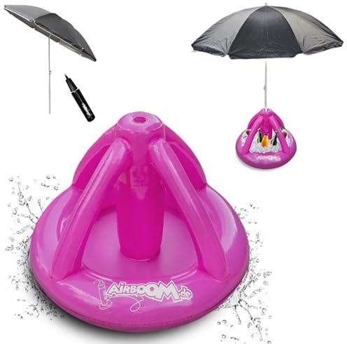 Airboom KOMPLETT-Set- aufblasbarer Schirmständer für Strandschirme Getränkekühler Sonnenschirmhalter Strand Camping Sonnenschutz (pink) inkl. Strandschirm 160cm und Pumpe (pink)