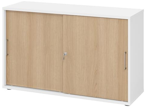 bümö Schiebetürenschrank 2OH - Aktenschrank abschließbar, Sideboard Schrank mit Schiebetüren in Weiß/Eiche, Bügelgriff - Büroschrank aus Holz mit Schiebetür, Büro Kommode für Ordner & Co.