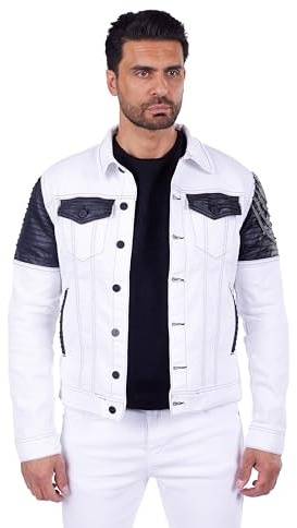 KINGZ Weiße Herren Jeansjacke mit lässigem Totenkopf und Nieten in SLIM-FIT Weiß XXL