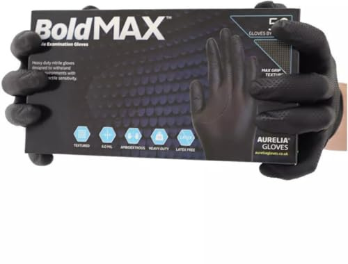 50 X/Large Bold Max Nitrile Glove Heavy Duty Diamond Grip Black Mechanic Gloves - Powder & Latex free Black Nitrile Disposable Gloves Food Grade Extra Thick & Super Strong 1 Box