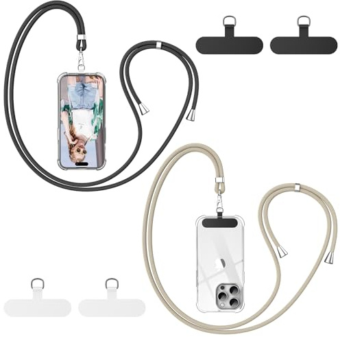 caslord Phone Lanyard 2 PCS, 1.6m Adjustable Universal Phone Strap Crossbody with 4 Reusable Patches, Neck Strap Compatible with Most Smartphones and Cases - Black and Camel