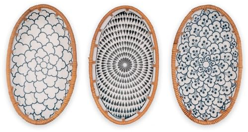 Decorasian Lot de 3 bols décoratifs vintage en céramique avec tressage en rotin – Lot de 3 bols à bijoux, bols à anneaux et coque à clés de style bohème