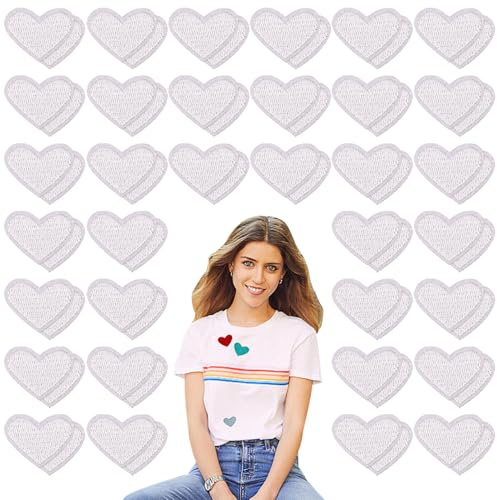 Herz Aufnäher zum Aufbügeln, 50 Stück Bestickte Aufnäher zum Aufnähen oder Aufbügeln, Applikation für Kleidung, Hosen, Hüte, Jeans(Weiß)