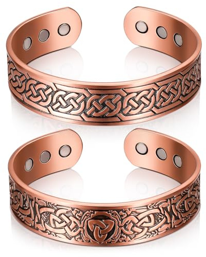 Otuuz 2 Pulseras Magnéticas de Cobre Ajustable de 3500 Gauss con 9 Imanes, Brazalete Sólido con Diseño de Árbol y Celta 2 Estilos(Patrón)