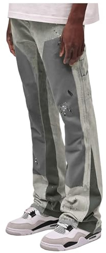 Foweknow - Jeans da uomo patchwork, slim fit, in denim, Y2K, alla moda, con effetto washed, per il tempo libero, pantaloni casual da uomo, stampati, semplici, versatili, grigio chiaro, S